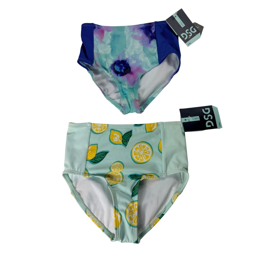 LOT of 2 DSG Girls High Waist Swim Bottoms Size XS 4-6 Lemon Tie Dye UPF 50+ NWT